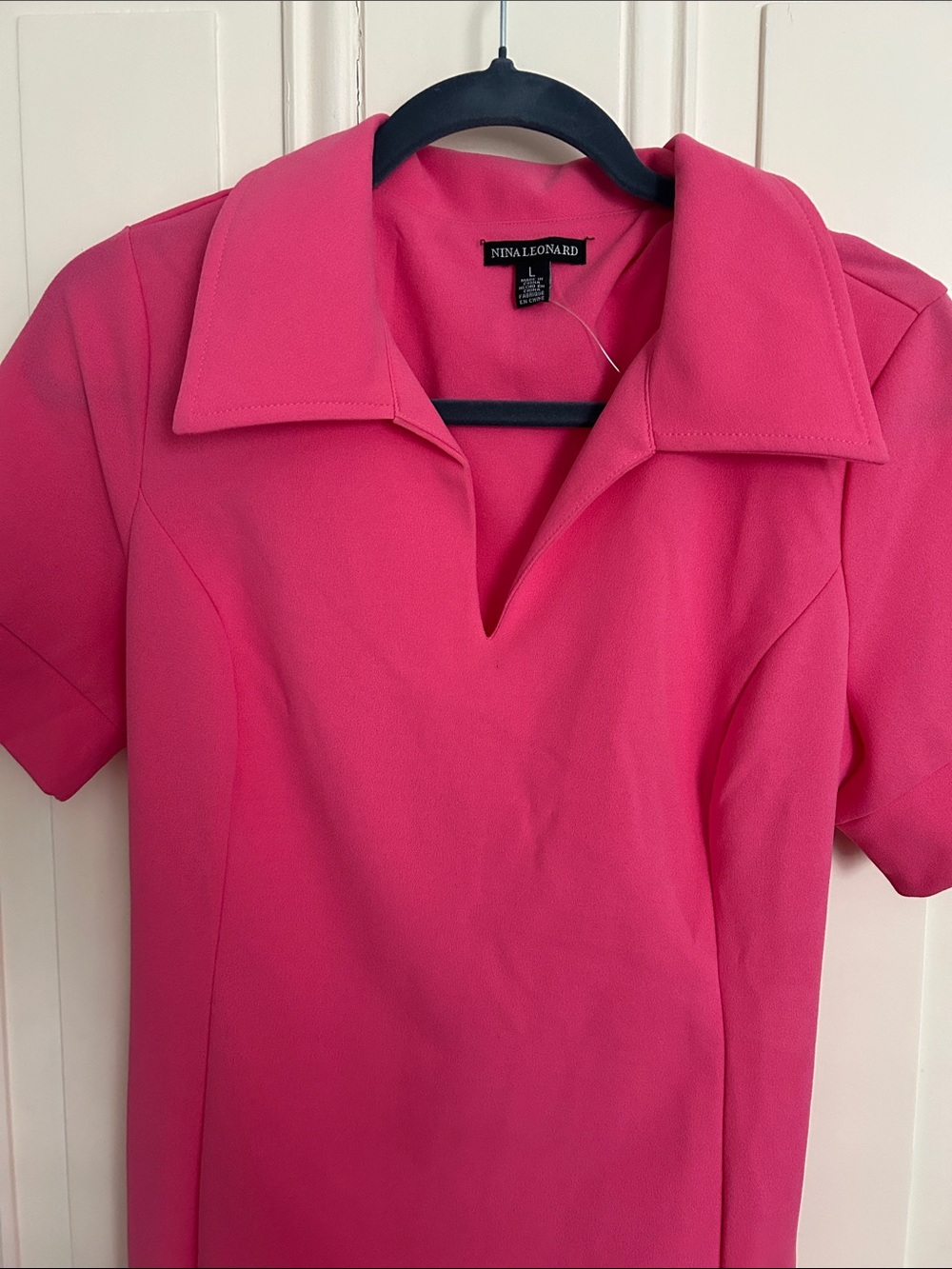 Nina Leonard Vibrant Pink Collared Short Sleeve Dress